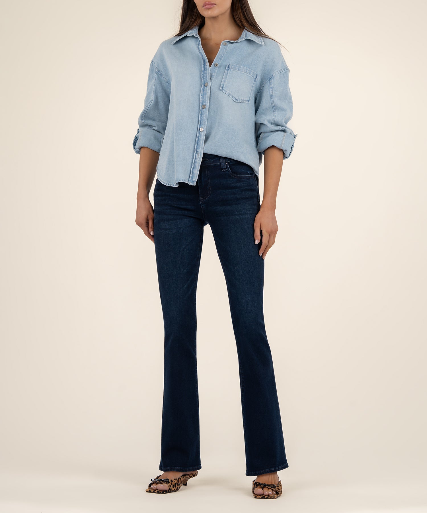 Natalie Mid Rise Flare, Petite in Leading Wash